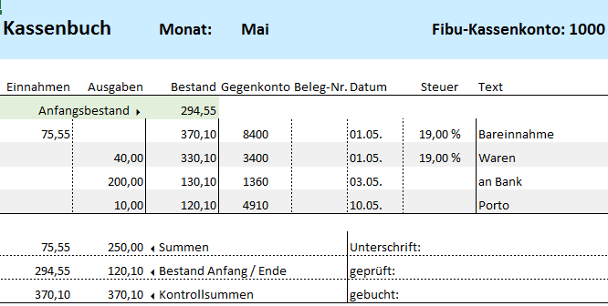 Kassenbuch mit Excel - Kassenbuch automatisch berechnet und erstellt