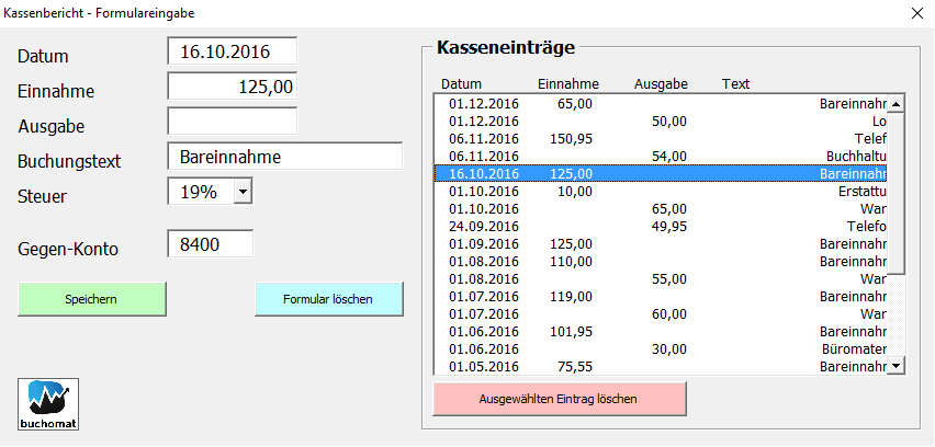 Kassenbuch mit Excel - Formulareingabe