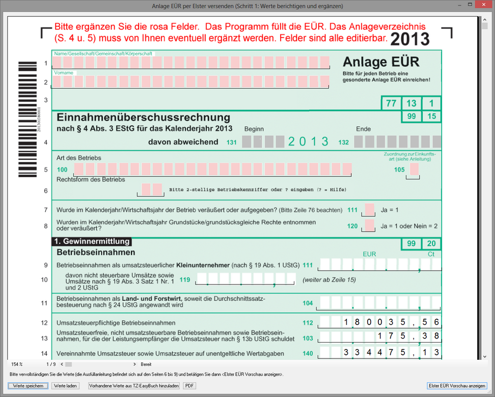Formular Anlage EÜR